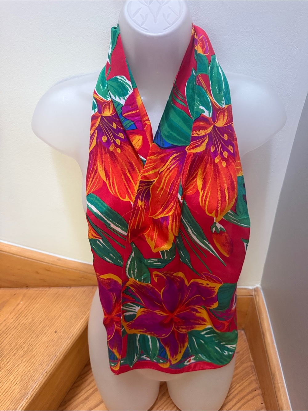Vintage Oblong Tropical Floral Silk Oblong Scarf Red Green Gold Statement Wrap